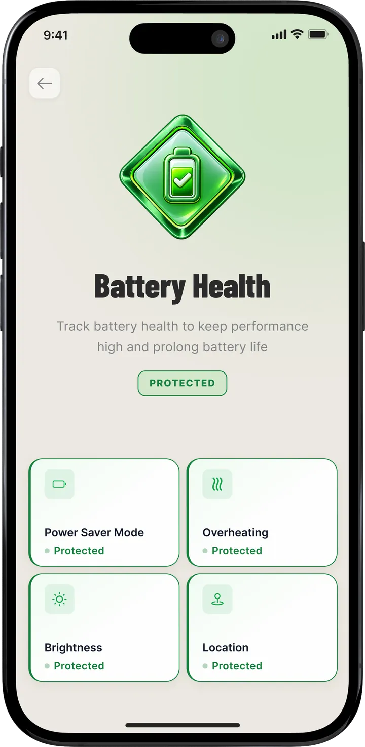 Battery Health screen showing power saver, overheating, brightness and location all protected