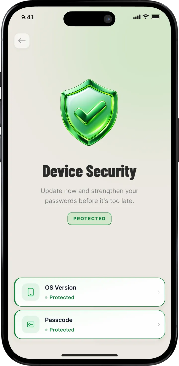 Device Security screen showing OS version and passcode protected