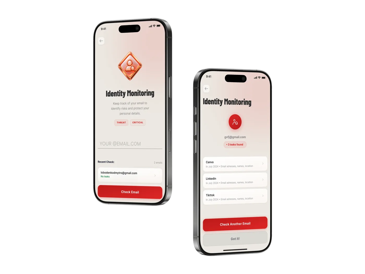 Identity Monitoring screens showing an email checked for leaks with three breaches found